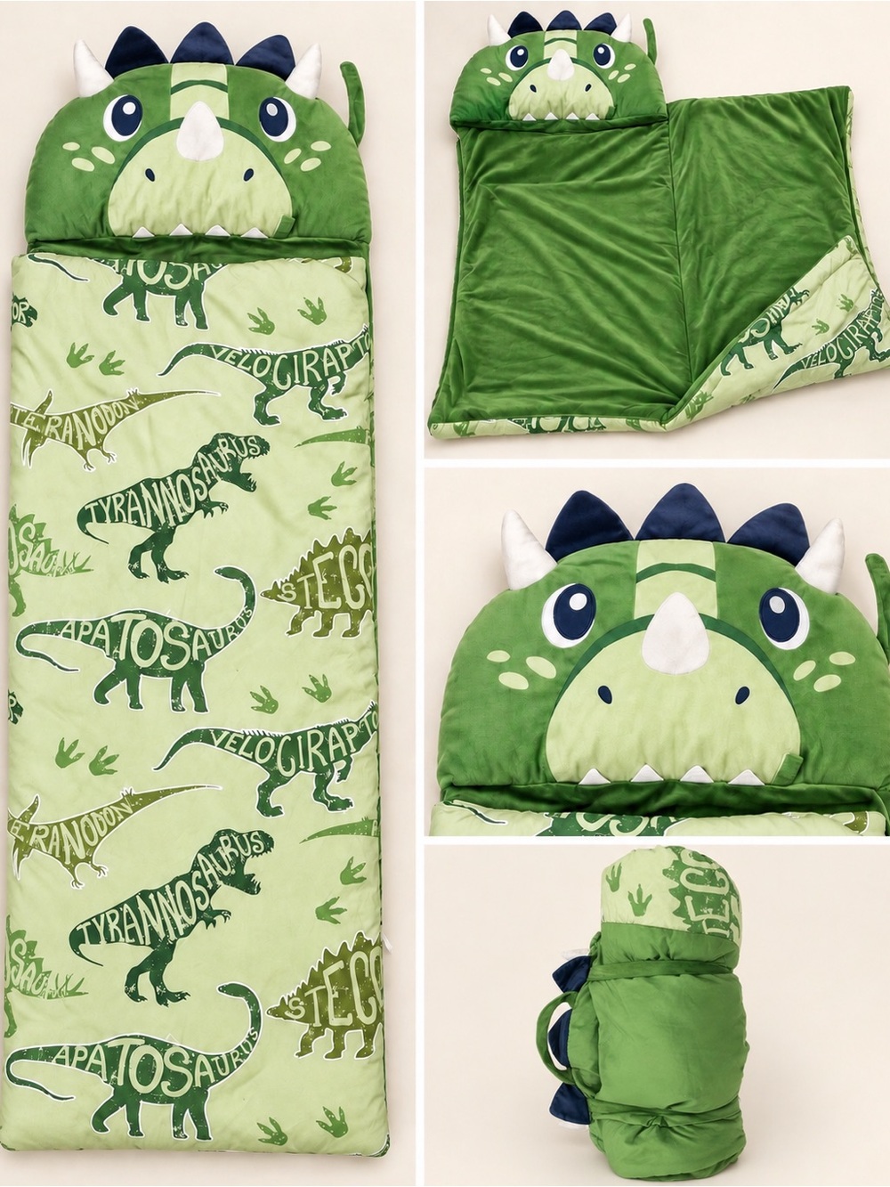 Kids Dinosaur Nap Mat Sleeping Bag w/ Attached Pillow Velcro Closure